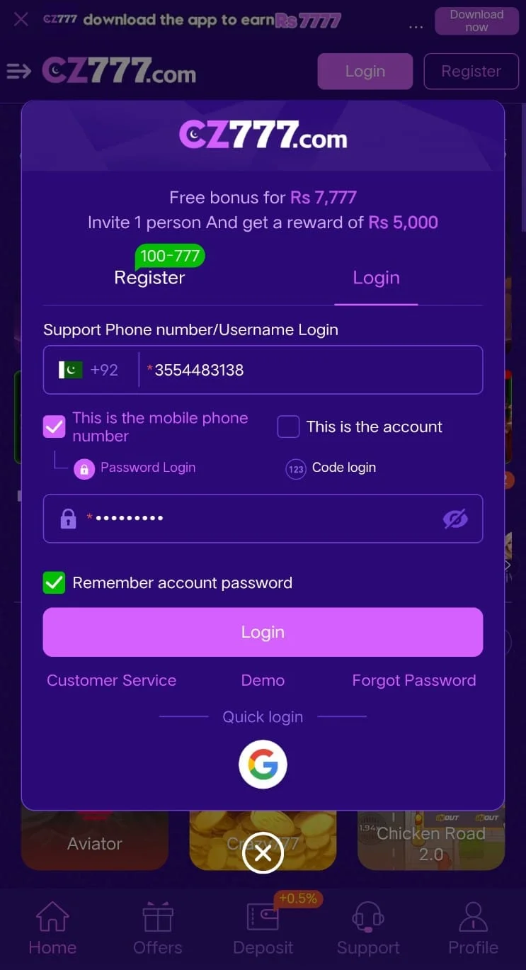 CZ777 Login Real Earing App in Pakistan